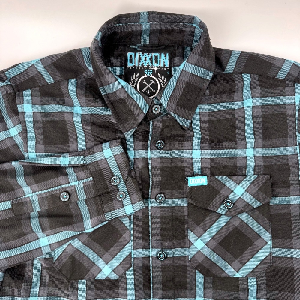Dixxon Flannel Co Union Square Mens Small Teal Black Plaid D-Tech Flannel Shirt